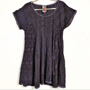 Johnny Was Eyelet Swing Tunic Top Navy Blue Large
